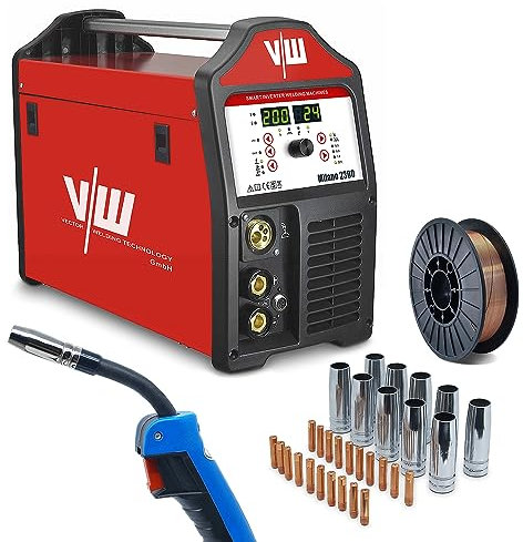 Milano2300 Poste à souder à fil fourré 200 A MIG MAG Poste à souder inverter 36 pièces avec casque de soudage et fil fourré pour professionnels et débutants, 2 et 4 temps VECTOR WELDING