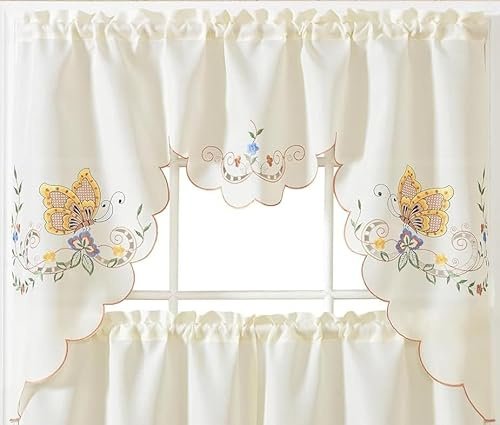 GOHD - Dancing Butterfly. 3pcs Multi-Color Embroidery Cafe Curtain/Swag & Tiers Set with cutworks. (Yellow)