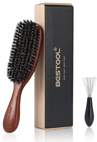 BESTOOL Haarbürste, Wildschweinborsten Bürste für Damen Herren, Naturborsten Bürste für dünnes, feines Haare, Herren Bartbürste, steife Borsten, Griff aus Ebenholz