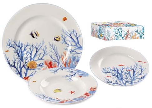 Servizio di piatti mare 18 pezzi Tema Marino Collezione Ocean in Porcellana d'autore Nàvel 6 Fondi Ø 21,5 cm, 6 Piani Ø 20,4 cm e 6 Piani Ø 26,5 cm con Elegante Scatola Litografata