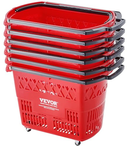 VEVOR Shopping Baskets, 6PCS, 39L Shopping Carts with Handles, Plastic Rolling Shopping Basket with Wheels, Large Portable Shopping Basket Set for Supermarkets, Retail Stores, Grocery Shopping, Red
