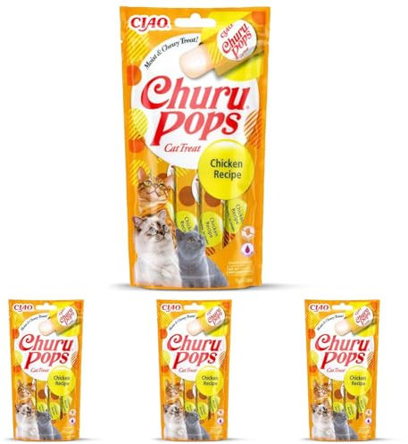 INABA Churu Pops - Katzen-Leckerli zum Füttern aus der Hand - Köstliche Katzensnacks zum Schlecken - Leckerchen in Handlichen Portionen mit Huhn 4x15g (Packung mit 4)