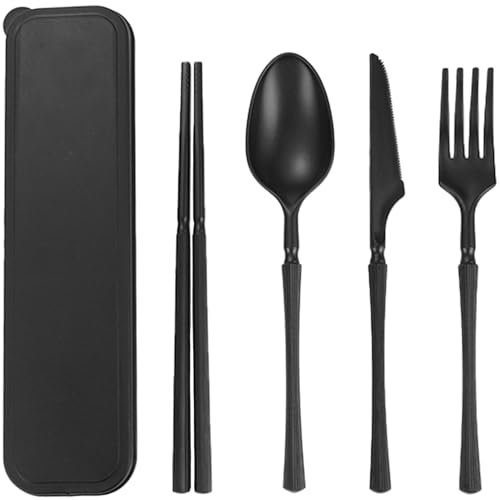 Set di posate portatile con astuccio, posate in plastica riutilizzabili, coltello, forchetta, cucchiaio, stoviglie, set di posate da viaggio per campeggio, picnic, ufficio, scuola o uso quotidiano