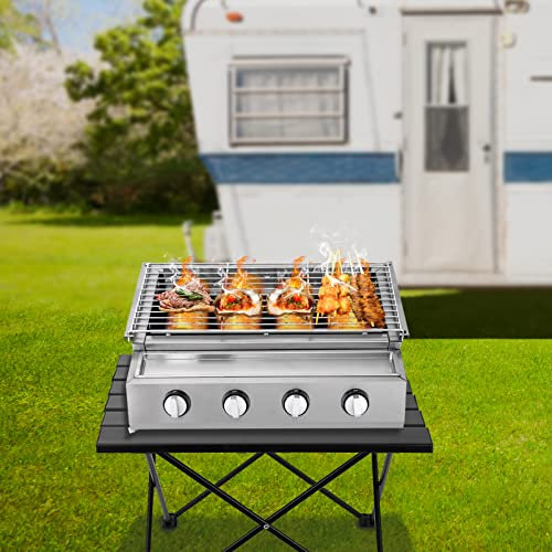 Gasgrill, bärbar utomhusgrill i stål med 4 oberoende brytare och avtagbart galler, fristående kolgrill i stål, picknickgrill