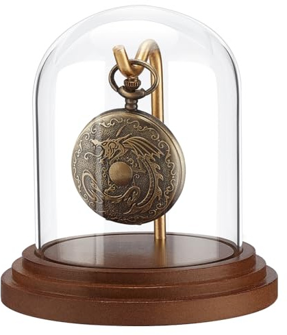 PH PandaHall Klocka Display Glass Cloche Display Display Watch Pocket Pocket burk med krok dekorativ display med träbas för klockor växter medaljer 10,8 x 10,5 cm