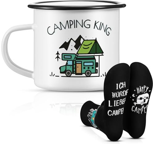 Perthlin 2 Stücke Camping Geschenk Männer 1 Camping King Emaille Tasse 1 Paar Campen Socken Campen Zubehör Gadgets Emaille-Weiß-Schwarz Standard für Wandern Wohnwagen Wohnmobil Ausflüge