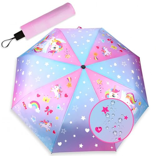 DPKOW Parapluie licorne, parapluie pour enfants qui change de couleur sous la pluie, parapluie pliable, parapluie pour enfants pour cartables, cadeaux licorne pour filles enfants parapluies, 98 cm