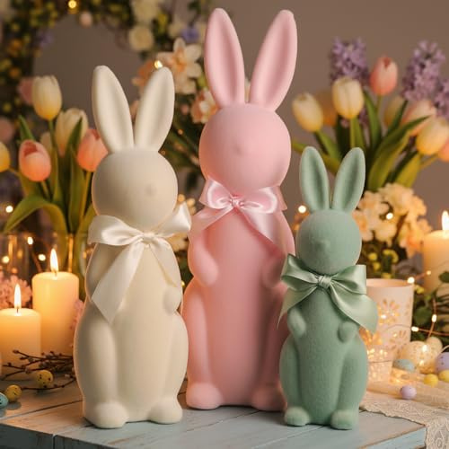 Lanpn Set de 3 Conejos de Pascua Flocados Pastel con Lazo, Figuras de Conejo para Decoración de Mesa, Estantería y Hogar – Decoración Primaveral (Rosa, Beige, Verde)