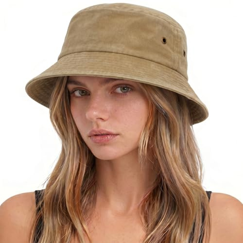 Voqeen Women Bucket Hat Cotton Summer Packable Sun Hats for Ladies Foldable Fishing Hat for Men Beach UV Protection Sunhat Lightweight Breathable Fisherman Cap Adults Khaki