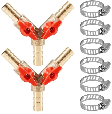Tulov 2 stycken 12 mm 3-vägs slangkontakter av mässing, Y-ventil med kulkran, avstängningsventil för luft, vatten och gas, inkl. 6 slangklämmor, trädgård, verkstad och hushåll