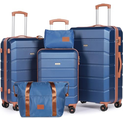 H.yeed Bagageset med 5 delar, lätt resväska resväska set ABS hårt skal med 4 spinnarhjul TSA-lås för män kvinnor, 53 cm + 61 cm + 71 cm + 28in + duffelväska och toalettväska, BLÅ, ['5-Piece Set