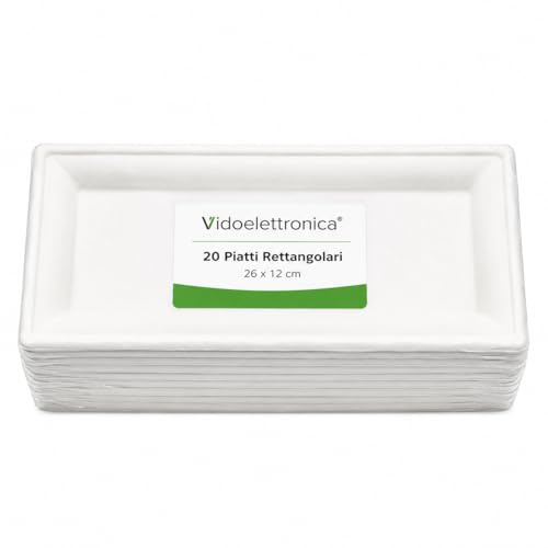 vidoelettronica Piatti Rettangolari Monouso in Polpa di Cellulosa 26x12 cm, 20 Pezzi, Piattini Bianchi per Antipasti Sushi Dolci Aperitivi Buffet, Resistenti per Alimenti Caldi e Freddi