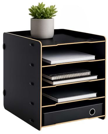 Relaxdays brevhållare, DIN A4, 5 fack, HBT: 29,5 x 25 x 31,5 cm, svart | MDF, pluggsystem, förvaringsfack till skrivbord