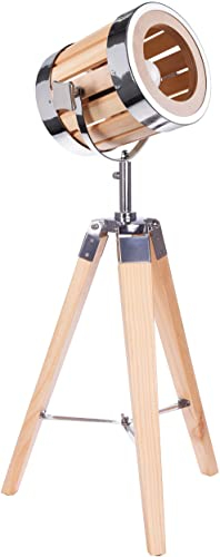 BRUBAKER - Lampadaire/Lampe sur pied - Design industriel - Hauteur 65 cm - Trépied en Bois - Spot en Bois/Chromé