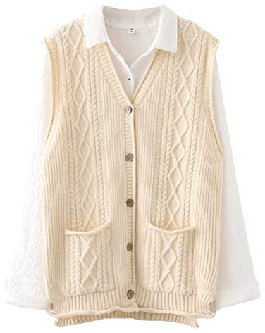 FTCayanz Cardigan Tricot Femme Col V Gilet sans Manches Elégant Casual Pull Ouvert Boutons Beige 2XL