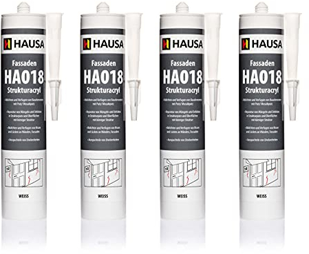 HAUSA Struktur-Acryl Fassaden-Acryl 4x 310ml weiß körniger Acryl-Dichtstoff HA018 zum Verfugen Füllen von Rissen Fugen Löchern im Innen- Außenbereich elastische Fugenmasse mit Körnung Putzacryl