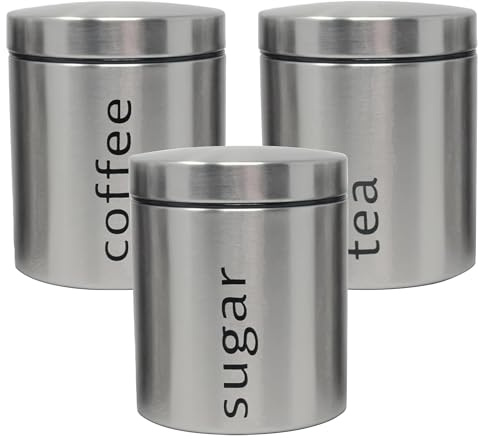 plastific 3pcs Set of Stainless Steel Tea Coffee Sugar Canisters | Kitchen Storage Jars | Modern Metal Containers for Dry Goods, Pantry Organization and Countertop Display