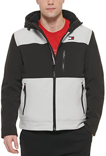 Tommy Hilfiger Men's Filled Soft Shell Hooded Open Bottom Jacket with Full Sherpa Lining, Black/Ice Combo, M