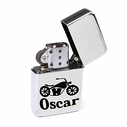 Wanapix | Mechero de Gasolina Personalizado | Mechero Plateado Personalizado con Diseño + Nombre | Mecheros Personalizado con Grabado Láser a 1 Cara | Gasolina No Incluida | Moto