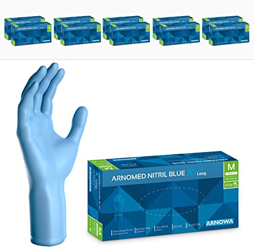 ARNOMED Einweghandschuhe Blau Extra Lang, 30cm Lange Einmalhandschuhe in M, Nitrilhandschuhe Einweg Extra Dick, 1000 Stück, Gummihandschuhe Lang Einweg, Nitrilhandschuhe Langer Schaft in S, M, L & XL