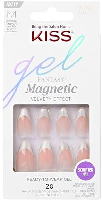 KISS Gel Fantasy Magnetic North Coast Nude Silber French Mittellang Mandel Coffin Form - 28 Press On Kunst-Nägel in Salonqualität zum Aufkleben DIY, 2g Nagelkleber, 1 Maniküre-Stäbchen, 1 Mini-Feile