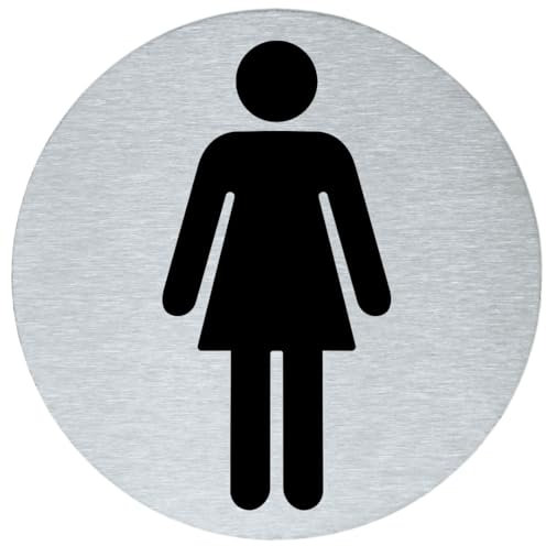 stahl-design-tebart Cartel pictograma redondo 7,5 cm acero inoxidable autoadhesivo 3M superficie adhesiva grabada aspecto elegante señalización duradera WC mujer 7,5 x 7,5 x 0,1 cm