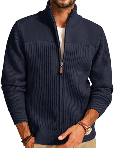 PJ PAUL JONES Cárdigan de punto con cremallera completa para hombre, cuello | Cárdigan de punto acanalado, cálido y grueso