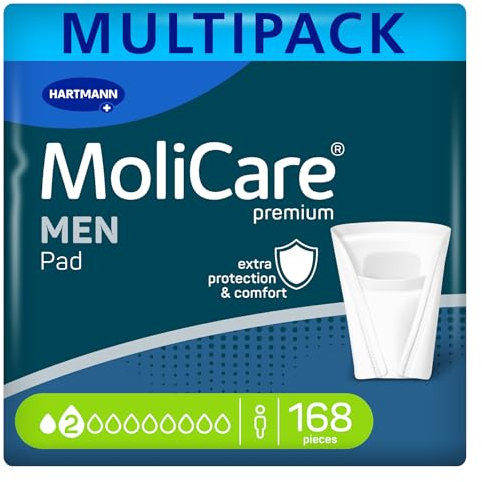 MoliCare MEN Pad 2 Tropfen Diskrete Inkontinenzeinlagen für Männer, Schutz bei leichter Blasenschwäche, Sofort-Trocken- Gefühl, fortschrittlicher Hautschutz, Taschenform, 168 Stück