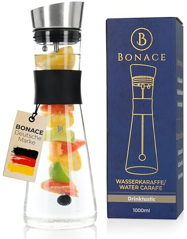 BONACE Glaskaraffe mit Deckel und abnehmbaren Fruchtspieß | Hitzebeständig | BPA FREE | 1,5 l | Wasserkaraffe mit Filter und Kippverschluss | Ideal für Infused Water, Eistee oder Limonade (1,5 Liter)