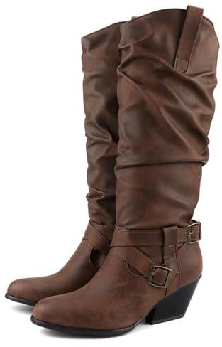 DSKHDZW Frauen Mid Calf Lange Stiefel Slip auf Slouchy Boot Breite Wadengürtel Schnalle Reiten Stiefel,Braun,36 EU