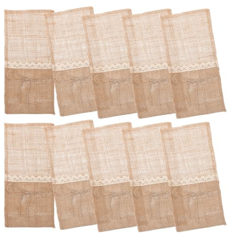 MUELODSIC 10 St Burlap och Spets Bestickfickor Vintage Dukningspåsar för Knivar Gafflar och Redskap Elegant Borddekoration för Bröllop Födelsedag Jul och Festliga Middagar