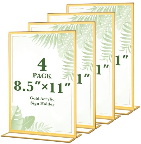 Alffun 4 Pack 8.5x11 Inch Gold Acrylic Sign Holders, Double Sided Vertical Stand Clear Picture Frames, Table Menu Display Holders for Wedding Table Numbers, Restaurant Signs, Party and Office Photos