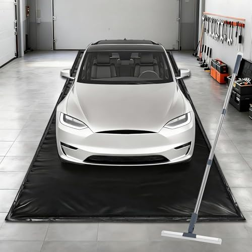 UEAKPIC garage golvmatta 2,4 m × 4,9 m, slitstark 1300D PVC uppsamlingsmatta med golvtorkare, vattentätt skydd mot snö, regn och lera för bilar, svart