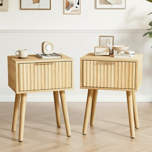 LEADZM Table de Chevet Lot de 2 avec 1 tiroir, Table d'appoint, Meuble de Nuit, Commode de Nuit, Façade de tiroir ondulée, 40 x 30 x 55 cm (2, Chêne)