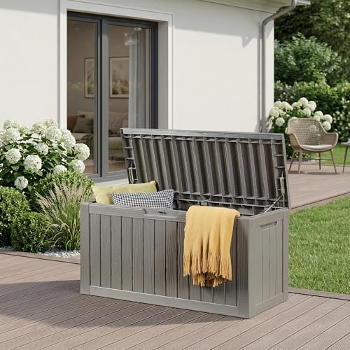 casa.pro Baule da Giardino Contenitore per Esterno Portatutto da 300 L in Plastica Cassone Multiuso Impermeabile Attrezzi Cuscini per Balcone Patio Outdoor 117x47x59 cm - Grigio Chiaro, Effetto Legno