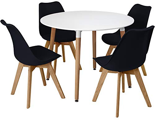 Charles Jacobs White Circular Dinner Table Set with 4 Dining Chairs - Black