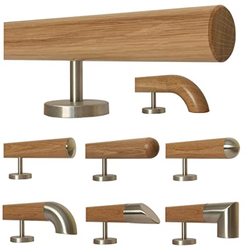 TIBU Eiche Holz Handlauf Geländer 0,3m - 6m, Länge 80 cm, Ende gefast und 2 gerade Halter
