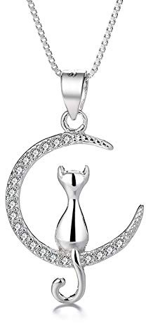 Belons katthalsband kvinnor 925 sterlingsilver kubisk zirkon katt i måne hänge halsband för flickor barn, Sten, Kubisk zirkonia