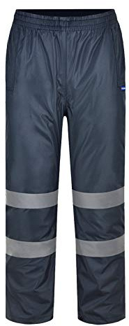 AYKRM Hi Viz 2 Band Reflective Tape Waterproof Rain Hi Vis Safety Over Trouser Work Elasticated Waistband Bottoms Workwear Pants High Visibility Pants Trousers (Navy, M)