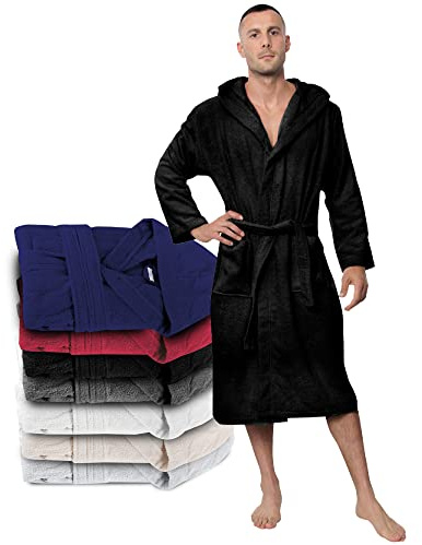 Twinzen Peignoir de Bain Homme - L - Noir - 100% Coton avec Capuche - Certifié OEKO-TEX® - Robe de Chambre Eponge 2 Poches, Ceinture - Doux, Absorbant et Confort