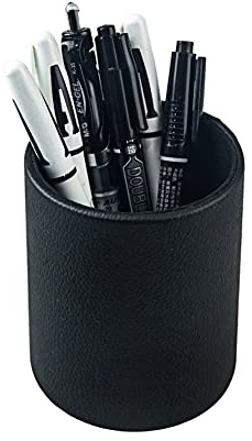 Fosinz Pen Pencil Holder Cup Container PU Leather Desk Organizer Stand Decor Brush Scissor Holder Decoration Office Desk Home School (3.3 x 3.3 x 4, Black)