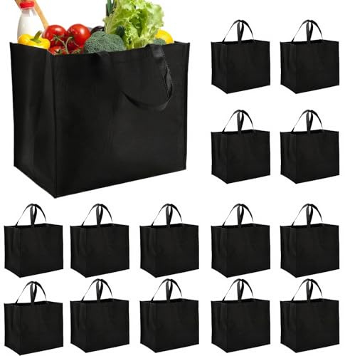 Tosnail 15 Pack Large Reusable Grocery Tote Bags, Foldable Shopping Bags with Durable Handles, Fabric Grocery Carry Bag - Black