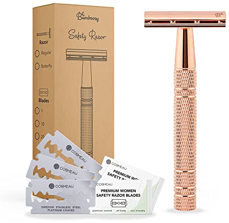 Bamboozy Rasoio di Sicurezza con 20 Lame, Alluminio Oro Rosa - Zero Rifiuti e Senza Plastica - Rasoio a Doppio Filo per Rasatura Bagnata