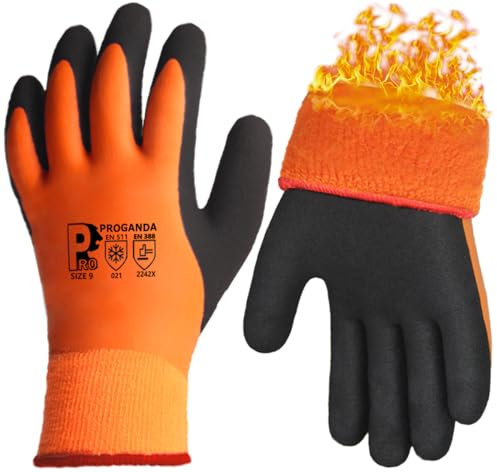 PROGANDA Waterproof Thermal Winter Work Gloves Fleece Liner Insulated Warm for Cold Weather Gardening Outdoor Car Washing Fishing Multipurpose (Orange -Grip Waterproof Thermal, S (Pack of 1))