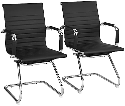 GIANTEX Freischwinger Stühle 2er Set, Besucherstuhl Konferenzstuhl Ergonomisch mit Armlehnen, Bürostühle robuster Metallrahmen bis 120 kg belastbar, Moderne Empfangsstühle aus Kunstleder, Schwarz