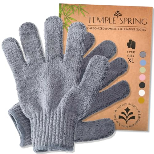 Temple Spring Exfoliating Glove, Carbonized Rayon Bamboo Body Scrubber, Loofah Exfoliating Mitt, Shower Scrubber Wash Cloth, Body Exfoliator Scrub, Loofa Shower Gloves Bath Sponge - Grey XL