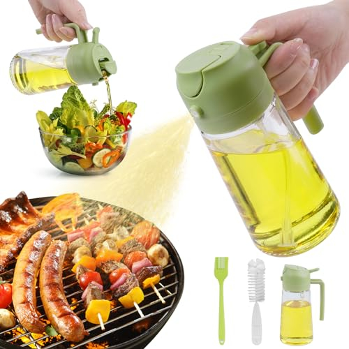 PUWOWYE Oljespruta för matolja 470 ML, 2-i-1 oljesprutflaska glas, oljespruta för varmluftsfritös multifunktion, oljespruta för matlagning, grillning, med bakborste silikon och flaskborste, Grön