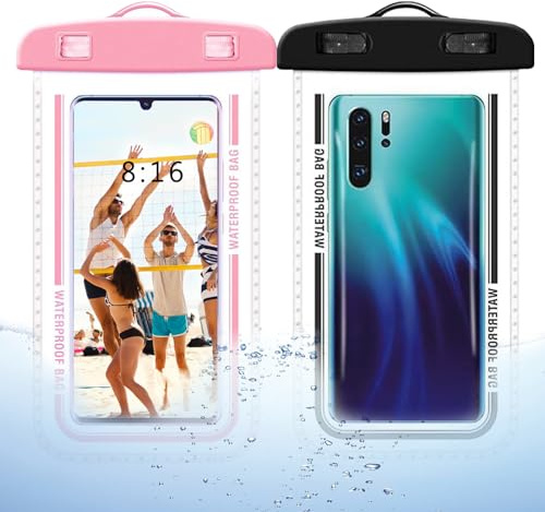 MEETTIKEY 2 PCS Funda Impermeable Móvil, Universal Bajo el Agua Funda Movil IPX8 Waterproof Phone Case para iPhone 15 14 13 12 11Pro MAX Huawei P50 P40 P30 Mate20 Mate10 (Negro+Rosa)