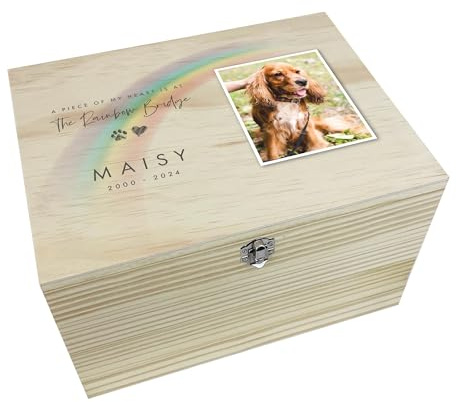 Personalised Wooden Pet Memorial Rainbow Bridge Photo Keepsake Box | Customisable Bereavement Gift for Dog or Cat Remembrance Memorial | Pine Wood with Metal Hinges and Clasp | W16 x D11 x H9.5cm