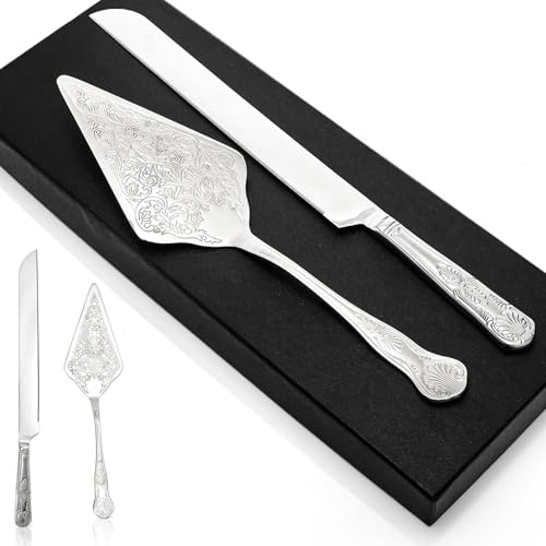 Nagpew Juego de cuchillo y servidor para tartas de boda, juego de corte de pastel de boda plateado, cortador de pastel grabado de acero inoxidable para boda, compromiso, cumpleaños, aniversario,